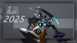 2girls absurdres animal_ear_fluff animal_ears aqua_jacket bangboo_(zenless_zone_zero) black_gloves black_necktie black_pantyhose black_skirt blue_jacket blunt_bangs deliaoqingquedebing_sty eous_(zenless_zone_zero) fox_ears fox_girl gloves hair_between_eyes handlebar high-waist_pants high-waist_skirt highres hoshimi_miyabi jacket katana long_hair multicolored_hair multiple_girls necktie pants pantyhose police police_uniform policewoman ponytail red_eyes red_streaks shirt skirt streaked_hair sword tight_clothes tight_pants weapon white_shirt zenless_zone_zero zhu_yuan