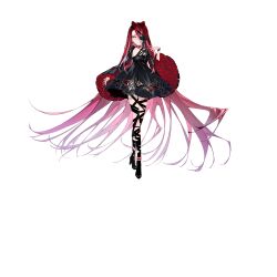 1girl anklet bare_shoulders black_dress black_nails black_ribbon black_shrug bracelet braid breasts choker clothing_cutout dress fate/grand_order fate_(series) frilled_sleeves frills full_body gradient_hair gradient_nails hair_between_eyes hair_ornament high_heels highres horn-shaped_hair hotosoka jewelry leg_ribbon long_hair long_sleeves looking_at_viewer multicolored_hair official_art one_eye_covered pink_hair purple_nails red_hair ribbon shoes shrug_(clothing) small_breasts smile solo standing tachi-e thigh_strap third-party_source transparent_background typhon_ephemeros_(fate) very_long_hair wide_sleeves yellow_eyes