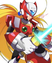 1boy android armor blonde_hair blue_eyes clenched_hand energy_sword forehead_jewel gloves guutara helmet highres holding holding_sword holding_weapon jewelry long_hair looking_at_viewer male_focus mega_man_(series) mega_man_x_(series) ponytail red_armor red_helmet robot robot_ears shoulder_armor signature simple_background solo solo_focus sword very_long_hair weapon white_background white_gloves z_saber zero_(mega_man)