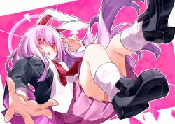 1girl animal_ears black_jacket black_shoes ch00suke commentary cropped jacket long_hair long_sleeves looking_at_viewer necktie open_mouth pink_skirt purple_hair rabbit_ears reaching reaching_towards_viewer red_eyes red_necktie reisen_udongein_inaba shirt shoes skirt socks solo touhou very_long_hair white_socks