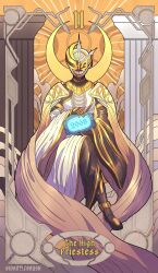 Rule 34 | 1girl, 2068, absurdres, armor, asymmetrical armor, black bodysuit, bodysuit, cape, card (medium), clock hands, dress, english text, gears, giganticbrush, gold gloves, helmet, highres, holding, kamen rider, kamen rider tsukuyomi, kamen rider zi-o (series), looking at viewer, open hands, pun, sash, shoulder sash, sitting, solo, tarot, tarot (medium), the high priestess (tarot), white armor, yellow eyes