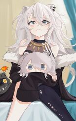 1girl absurdres ahoge anger_vein animal_ear_piercing animal_ears bare_shoulders bkub_(style) black_jacket black_nails black_pantyhose black_shirt blush breasts character_doll closed_mouth commentary curtains double-parted_bangs english_commentary fingernails fur-trimmed_jacket fur_trim grey_eyes grey_hair hair_between_eyes highres hololive hugging_doll hugging_object indoors jacket jewelry kyouraku large_breasts lion_ears lion_girl lion_tail long_hair long_sidelocks looking_at_viewer messy_hair nail_polish necklace off_shoulder pantyhose sharp_fingernails shirt shishiro_botan shishiro_botan_(1st_costume) sidelocks single_leg_pantyhose sitting sleeveless sleeveless_shirt sleeves_past_fingers sleeves_past_wrists smile solo ssrb_(shishiro_botan) tail torn_clothes torn_pantyhose virtual_youtuber