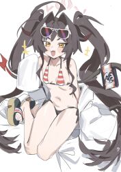 +++ :d ahoge bikini black_horns blue_archive blush breasts coat demon_horns demon_tail eyewear_on_head fang feet full_body halo highres horns kasumi_(blue_archive) kasumi_(swimsuit)_(blue_archive) loli long_hair navel nemo_(leafnight) off_shoulder open_mouth sandals simple_background sitting sleeves_past_fingers sleeves_past_wrists small_breasts smile striped_bikini striped_clothes sunglasses swimsuit tail thighs toes twintails very_long_hair white_background white_coat yellow_eyes yokozuwari