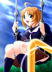 1girl ahoge ass breasts cloud female_focus green_eyes large_breasts orange_hair outdoors panties plant school_uniform sitting sky solo swing underwear yn_red