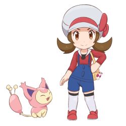 1girl blue_overalls bow brown_eyes brown_hair cabbie_hat chibi commentary english_commentary full_body gen_3_pokemon greatm8 hand_on_own_hip hat hat_bow hat_ribbon highres looking_at_viewer low_twintails lyra_(pokemon) nintendo overalls photoshop_(medium) pokegear pokemon pokemon_(creature) pokemon_hgss red_bow red_footwear red_shirt ribbon shirt skitty smile socks standing straight-on transparent_background twintails white_headwear white_socks