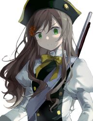 1girl absurdres axis_powers_hetalia bicorne black_hat bow bowtie brown_hair buttons clenched_teeth dongfang_shuyechu double-breasted flower green_eyes gun hair_flower hair_ornament hat highres hungary_(hetalia) juliet_sleeves long_hair long_sleeves puffy_sleeves red_flower rifle sash shirt shoulder_sash solo sweat teeth upper_body v-shaped_eyebrows weapon weapon_on_back white_background white_sash white_shirt yellow_bow yellow_bowtie