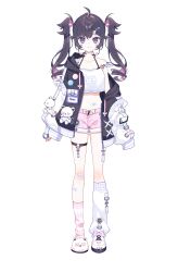 1girl absurdres asymmetrical_legwear bandaid bandaid_on_leg bandaid_on_stomach black_jacket blush boots bra closed_mouth collarbone colored_inner_hair crop_top crossed_bandaids full_body hair_intakes heart highres jacket leg_warmers long_hair mirumika_utsutsu mismatched_legwear multicolored_hair navel official_art open_clothes open_jacket pin pink_hair pink_shorts pink_socks purple_bra purple_eyes purple_hair shoes shorts simple_background single_boot single_leg_warmer single_slipper single_sock slippers smile socks solo standing tachi-e transparent_background twintails two-tone_hair uekura_eku underwear vebop_project virtual_youtuber white_leg_warmers white_shoes