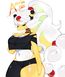 ampharos asymmetrical_legwear black_eyes breasts cleavage colored_skin creatures_(company) fluffy game_freak gen_2_pokemon hair_bobbles hair_ornament hand_on_own_chest highres horns large_breasts long_hair mega_ampharos mega_pokemon midriff navel nintendo pokemon pokemon_(creature) ponytail seductive_smile smile thick_thighs thighs togetoge very_long_hair white_skin wide_hips wool yellow_skin
