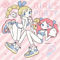 2girls animated animated_gif ankle_socks apple apple_slice arm_at_side bare_arms bare_legs bare_shoulders bendy_straw blinking blonde_hair blue_bow blue_bra blue_eyes blue_panties blue_ribbon blush bow bra braid braided_ponytail breasts candy cleavage closed_mouth cup curly_hair diagonal_stripes disposable_cup dot_mouth drink drinking drinking_straw drinking_straw_in_mouth english_text expressionless feet_up film_grain floating floating_hair food from_side fruit full_body hair_bow hair_ribbon hand_on_own_cheek hand_on_own_face hand_puppet hand_up hands_up high_ponytail holding holding_cup holding_drink ice_cream ice_cream_cone juice keke_(kotowari) knees_together_feet_apart knees_up legs_together limited_palette lingerie long_hair looking_at_viewer looking_to_the_side multicolored_eyes multicolored_footwear multiple_girls navel no_nose original panties parted_bangs pink_background pink_eyes pink_hair ponytail puppet rabbit ribbon shoes signature single_braid small_breasts sneakers socks stomach striped_background text_background underwear underwear_only white_legwear yellow_eyes