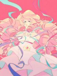 Rule 34 | 1girl, black eyes, blue ribbon, clothing cutout, dress, highres, kinako (moment), long hair, navel cutout, open mouth, pink background, pink hair, purple ribbon, ribbon, ringlets, rose quartz universe, solo, star cutout, steven universe, stomach jewel, very long hair, white dress