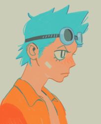 1boy blue_hair blush closed_mouth collared_shirt commentary english_commentary franky_(one_piece) goggles goggles_on_head grey_background jakkenpoy jitome looking_ahead lower_eyelashes_only male_focus one_piece open_clothes open_shirt orange_shirt profile shirt short_hair sideburns simple_background solo wing_collar
