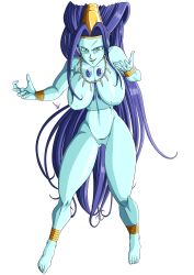1girl absurdres ankleband blue_eyes blue_hair breasts dragon_ball featureless_crotch feet headdress highres jewelry large_breasts liu_xing_long long_hair necklace no_nipples nude oceanus_shenron unku00f4shin wristband