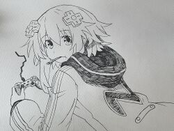 1girl breasts controller game_controller highres hood hoodie looking_at_viewer looking_back lying monochrome mouth_hold neptune_(neptunia) neptune_(series) on_stomach playing_games short_hair sketch small_breasts solo traditional_media