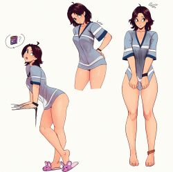1girl ? absurdres ahoge anklet artist_name ass barefoot blue_shirt breasts brown_eyes commentary cropped_legs crossed_ankles english_commentary feet flying_sweatdrops green_eyes hand_on_own_hip highres jewelry leaning_forward legs medium_hair multiple_views no_pants open_mouth original pink_slippers pout raichiyo33 see-through_silhouette shirt shirt_tug short_sleeves simple_background slippers small_breasts spoken_object spoken_question_mark teeth toes upper_teeth_only white_background wristband