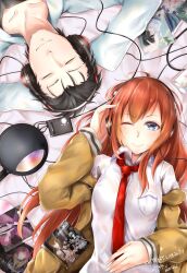 Rule 34 | 1boy, 1girl, akiha rumiho, album cover, alternate eye color, amane suzuha, arm belt, beard stubble, belt, black shirt, blue eyes, breast pocket, breasts, brown hair, brown jacket, chaos;child, chaos;head, chuo tanegashima high school uniform, closed eyes, collarbone, collared shirt, couple, cover, facial hair, hair between eyes, hair over shoulder, headphones, hekiho academy school uniform, highres, jacket, jacket partially removed, kiryuu moeka, lab coat, loose necktie, lying, makise kurisu, messy hair, narusawa ryouka, necktie, occultic;nine, okabe rintarou, on back, on bed, one eye closed, onoe serika, pocket, purple trim, red necktie, robotics;notes, sakihata rimi, school uniform, science adventure, senomiya akiho, shiina mayuri, shirt, short hair, small breasts, steins;gate, stubble, suimei academy school uniform, t-shirt, urushibara luka, white belt, white shirt, yakku