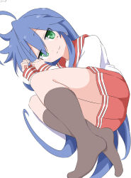 1girl :3 absurdres black_socks blue_hair closed_mouth cynical_(llcbluckg_c004) green_eyes highres izumi_konata jitome long_hair long_sleeves looking_at_viewer lucky_star lying mole mole_under_eye on_side pleated_skirt red_sailor_collar red_skirt sailor_collar school_uniform shirt simple_background skirt socks solo very_long_hair white_background white_shirt