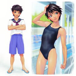 1girl black_eyes black_hair commentary_request competition_swimsuit crossed_arms flat_chest full_body fumichika_mori multiple_views one-piece_swimsuit original poolside sandals school_uniform serafuku short_hair shorts smile swimsuit tan tomboy