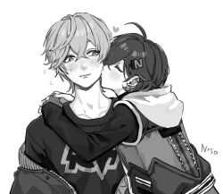 belle_(zenless_zone_zero) blush brother_and_sister crossed_bangs earrings fingerless_gloves flying_sweatdrops gloves greyscale hair_ornament heart incest jewelry kiss kissing_cheek letter_hair_ornament monochrome nrso24944 siblings single_fingerless_glove sweat wise_(zenless_zone_zero) zenless_zone_zero