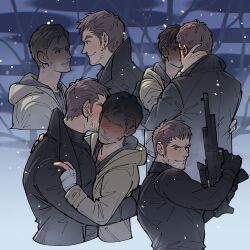 Rule 34 | 2boys, arms around waist, arms up, bandaged hand, bandages, bare tree, beard, blush, brown hair, chris redfield, closed mouth, commentary, couple, english commentary, ethan winters, eye contact, facial hair, grin, gun, hand on another&#039;s neck, highres, holding, holding gun, holding weapon, hood, hood down, hoodie, hug, kalamari, long sleeves, looking at another, male focus, multiple boys, multiple views, parted lips, resident evil, resident evil village, shaded face, short hair, sideburns, smile, snow, sweat, sweatdrop, teeth, tree, weapon, yaoi, yellow hoodie
