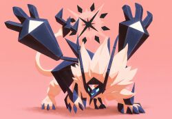 alternate_color animal_nose black_claws black_gemstone black_helmet black_mask blue_eyes claws crystal ewokakukaede fake_horns gem gen_7_pokemon glowing glowing_eyes helmet highres horned_helmet horned_mask horns legendary_pokemon lion mane mask necrozma necrozma_(dusk_mane) nintendo no_humans official_alternate_color pink_background pokemon pokemon_(creature) pokemon_focus shiny_pokemon solo sparkle star_(symbol) sun_symbol tail triangle