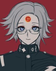 1boy aotsuki_eito bubble_pop_sdk commentary eyeliner gakuran glasses grey_eyes grey_hair highres last_defense_academy_school_uniform looking_at_object makeup male_focus portrait red_background red_eyeliner sale school_uniform short_hair simple_background smile solo sticker sticker_on_face symbol-only_commentary the_hundred_line_-last_defense_academy-