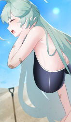 1girl antenna_hair bandaid blue_archive blue_sky breasts closed_eyes darros desert halo large_breasts official_alternate_costume one-piece_swimsuit open_mouth shirt shovel simple_background sky solo sweat sweatdrop swimsuit white_shirt yellow_halo yume_(blue_archive)