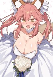 1girl :d absurdres animal_ear_fluff animal_ears blush bouquet breasts bride cleavage dress ebora elbow_gloves fang fate/extra fate_(series) flower fox_ears fox_girl fox_tail gloves heart highres holding holding_bouquet large_breasts looking_at_viewer open_mouth pink_hair rose smile solo split_ponytail strapless strapless_dress tail tamamo_(fate) tamamo_no_mae_(fate/extra) wedding_dress white_dress white_flower white_gloves white_rose yellow_eyes