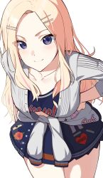 Rule 34 | 1girl, absurdres, blonde hair, blush, breasts, closed mouth, collarbone, gakuen idolmaster, garuku1120, hair ornament, hairpin, highres, idolmaster, juo sena, legs, light blush, long hair, looking at viewer, medium breasts, out of frame, parted bangs, pleated skirt, purple eyes, simple background, skirt, solo, thighs, upper body, white background