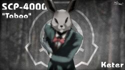 Rule 34 | 1boy, animal head, black eyes, bow, bowing, bowtie, butler bowing, chantanapot, character name, formal clothes, glitch, gloves, green jacket, jacket, rabbit head, red bow, red bowtie, scp-4000, scp foundation, shirt, signature, suit, white shirt