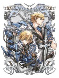 1boy black_shirt blonde_hair blue_eyes blue_gloves chain coat commentary_request dong_hole fingerless_gloves flower gloves grey_flower grey_rose guilty_gear guilty_gear_strive guilty_gear_x guilty_gear_xx highres ky_kiske male_focus multiple_views partially_fingerless_gloves rose shirt short_hair white_background white_coat