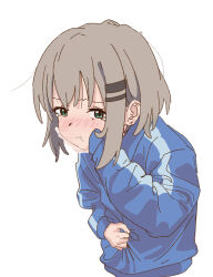 1girl blue_jacket blush cheek_bulge closed_mouth commentary_request covering_own_mouth cropped_torso doublep0ints furrowed_brow green_eyes hair_ornament hairclip hand_on_own_stomach hand_over_own_mouth hand_up highres imminent_vomiting jacket leaning_forward light_brown_hair long_sleeves looking_at_viewer medium_hair nausea nose_blush sidelocks simple_background solo tearing_up track_jacket white_background x-ray yama_no_susume yukimura_aoi