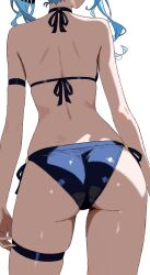 1girl armpit_crease ass ass_focus back bikini blue_bikini blue_hair choker commentary_request facing_away from_behind head_out_of_frame highres hololive hoshimachi_suisei rui_oekakii side-tie_bikini_bottom simple_background skindentation solo standing swimsuit thigh_strap thighs wavy_hair white_background