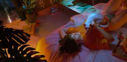 Rule 34 | 1girl, absurdres, animal, animal on chest, anton skeor, aqua panties, arm behind head, bed, bed sheet, blue eyes, blue flower, bowl, brown hair, building, can, carpet, cat, city, city lights, closed mouth, drink can, dutch angle, english text, flower, food, foot out of frame, highleg, highleg panties, highres, holographic interface, indoors, knees up, lips, looking ahead, lying, night, no pants, nose, on back, on bed, orange shirt, original, oversized clothes, oversized shirt, painterly, panties, perspective, pet bowl, petting, pillow, pizza, pizza box, plant, potted plant, shirt, short hair, short sleeves, signature, socks, soda can, solo, thighs, underwear, white cat, window