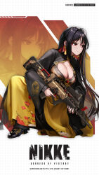 1girl ahoge artist_request assault_rifle black_dress black_footwear black_hair breasts bullpup cleavage closed_mouth dress earrings goddess_of_victory:_nikke grid_background gun high_heels highres holding holding_gun holding_weapon jewelry large_breasts long_hair long_sleeves moran_(nikke) official_art qbz-95 rifle second-party_source smile solo squatting watermark weapon yellow_dress