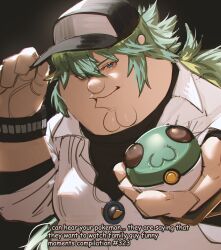 1boy absurdres baseball_cap cleft_chin closed_mouth commentary cosplay english_commentary family_guy green_eyes green_hair hat highres holding holding_poke_ball kowai_(iamkowai) long_hair looking_at_viewer male_focus n_(pokemon) n_(pokemon)_(cosplay) nintendo peter_griffin poke_ball pokemon pokemon_bw shirt smile solo white_shirt wristband