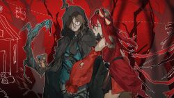 1boy 1girl animal_ears borrowed_design brown_cloak brown_eyes brown_hair cat cloak commentary cowboy_shot detached_sleeves e.g.o_(project_moon) english_commentary expressionless glasses green_shirt gregor_(project_moon) heinrich_(fernanderuddle) highres hood hood_up house lantern_(e.g.o) limbus_company long_hair mouth_hold project_moon red_background red_hair red_sleeves shirt stuffed_animal stuffed_toy teddy_bear wooden_arm yuri_(project_moon)