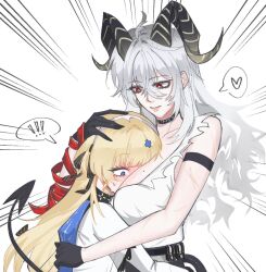 ! 0828_0313 2girls @_@ armband between_breasts black_choker black_gloves blonde_hair blush breasts choker closed_mouth commentary demon_tail face_between_breasts gloves hair_ornament hairband hand_on_another&#039;s_head hashtag-only_commentary head_between_breasts heart highres large_breasts mole mole_on_breast multiple_girls phoebe_(wuthering_waves) purple_eyes red_eyes red_ribbon ribbon shirt sleeveless sleeveless_shirt spoken_exclamation_mark spoken_heart sweat tail white_background white_hair white_hairband white_shirt wuthering_waves yuri zani_(wuthering_waves)