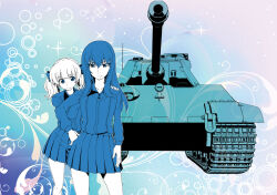 Rule 34 | 2girls, black hat, black jacket, black skirt, blue eyes, brown hair, garrison cap, girls und panzer, girls und panzer phase erika, grey shirt, hair tie, hat, itsumi erika, jacket, kuromorimine military uniform, kuromorimine school uniform, long hair, military vehicle, miniskirt, motor vehicle, multiple girls, official art, orange hair, red skirt, rou leila, saitaniya ryouichi, school uniform, shirt, skirt, tank, tiger ii, twintails