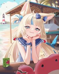 1girl :3 absurdres ahoge animal_ear_fluff animal_ears beach blonde_hair blue_eyes blue_hair blue_sailor_collar blue_sky blunt_bangs blurry blurry_background bow cat_ears commentary crab day dress english_commentary fang fins fish_girl fish_tail frilled_shirt_collar frills hair_bow hands_on_own_chin highres indie_virtual_youtuber itszenvy lifebuoy_hair_ornament long_hair looking_at_viewer low_twintails multicolored_hair ocean one_side_up outdoors revision sailor_collar sameko_saba scrunchie skin_fang sky sleeveless sleeveless_dress smile solo streaked_hair tail twintails virtual_youtuber white_dress white_hair wrist_scrunchie