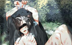 Rule 34 | 2boys, alternate hairstyle, arms up, bare pectorals, bdsm, bite mark, black hair, black hanfu, blindfold, bondage, bound, bound wrists, chinese clothes, covered eyes, day, grass, hair down, hanfu, highres, holding another&#039;s thighs, implied sex, implied yaoi, jujeop, korean commentary, leaf, leg grab, leg up, long hair, lying, male focus, modao zushi, multiple boys, nature, nipples, on back, on grass, open clothes, open mouth, open robe, out of frame, outdoors, pectorals, plant, robe, saliva, solo focus, spread legs, sweat, wei wuxian, wet, wet face, wide sleeves