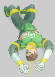 1boy artist_name bara black_bodysuit bodysuit boots bound bound_arms bound_legs bound_wrists brown_hair covered_abs dc_comics domino_mask evinist gagged gloves green_bodysuit green_lantern green_lantern_(series) grey_background hal_jordan highres jewelry large_pectorals male_focus mask muscular muscular_male nipples pectorals restrained ring short_hair simple_background solo thick_thighs thighs torn_bodysuit torn_clothes torn_mask two-tone_bodysuit white_gloves