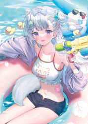 1girl animal animal_ears aqua_nails armpits bandages bandaid bandaid_on_leg bangs_pinned_back bikini bikini_bottom_only bikini_under_clothes black_shorts bow breasts cat center-flap_bangs clothed_animal collarbone commentary_request cowboy_shot crop_top cropped_shirt day denim denim_shorts drink drinking_straw ear_piercing earclip earrings fingernails frilled_shirt_collar frills glass grey_bow grey_hair grey_jacket hair_bow hair_bun hair_ornament hairclip hand_up harui_(hr_x9_) highres holding holding_water_gun innertube jacket jewelry large_breasts long_hair looking_at_viewer melonbooks mole mole_under_eye nail_polish navel off_shoulder on_innertube one_side_up open_clothes open_fly open_jacket open_shorts orange_bikini original outdoors piercing pool print_shirt purple_eyes ribbed_shirt rubber_duck shirt short_shorts shorts sitting sleeveless sleeveless_shirt solo star_(symbol) star_hair_ornament stomach stud_earrings sunglasses sunlight swim_ring swimsuit tail tongue tongue_out unbuttoned water water_drop water_gun wet wet_clothes wet_hair wet_jacket wet_shirt wet_shorts white_cat white_shirt