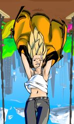 Rule 34 | 1girl, annoyed, blonde hair, city, cloud, cloudy sky, day, frown, highres, jacket, jewelry, medium hair, nature, necklace, non-web source, original, park, sky, tdaishomeless, upper body, upside-down