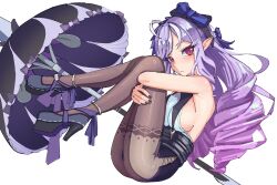 absurdres ahoge armpits bare_shoulders black_nails blush bow breasts commentary drill_hair frown full_body hair_bow highres hoot_hoot_owl hugging_own_legs legs long_hair medium_breasts mole mole_under_eye pantyhose parasol platform_heels pointy_ears purple_hair red_eyes sideboob simple_background twin_drills umbrella vivian_banshee white_background zenless_zone_zero