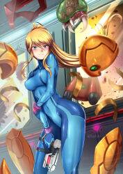 1girl adsouto armor blonde_hair blue_bodysuit blue_eyes blush bodysuit breasts broken_armor clenched_hands collarbone covered_navel energy_gun exploding_clothes eyelashes female_focus groin gun hair_between_eyes high_ponytail holding holding_gun holding_own_arm holding_weapon holster large_breasts leaning_forward legs long_hair looking_at_viewer metroid metroid:_other_m metroid_(creature) mole mole_under_mouth neck nintendo paralyzer ponytail print_bodysuit ray_gun samus_aran science_fiction sidelocks skin_tight smirk space standing swept_bangs thigh_holster thighs turtleneck turtleneck_bodysuit weapon zero_suit