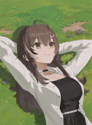1girl alternate_costume arms_behind_head belt black_choker black_dress brown_hair casual choker crossed_bangs dotr_art dress dress_shirt grass hair_ornament hairclip highres hololive hololive_english jewelry lying nanashi_mumei necklace on_back shirt smile virtual_youtuber white_shirt