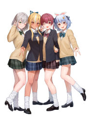4girls absurdres blazer blonde_hair blue_bow blue_bowtie blue_hair blue_ribbon blush bow bowtie breasts cardigan collared_shirt elf green_bow green_bowtie green_eyes grey_hair highres holding_another&#039;s_arm hololive houshou_marine jacket loafers long_hair looking_at_viewer loose_socks monokawa_(iurl1z) multicolored_hair multiple_girls one_eye_closed open_mouth pleated_skirt pointy_ears red_bow red_bowtie red_eyes red_hair ribbon school_uniform shiranui_flare shirogane_noel shirt shoes skirt small_breasts smile socks standing standing_on_one_leg streaked_hair twintails usada_pekora v virtual_youtuber white_background white_hair white_shirt white_socks