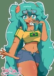 Rule 34 | 1girl, absurdres, aqua eyes, aqua hair, bonbon (bonzomcbonbon), brazil, brazilian flag, brazilian flag print, brazilian miku, crop top, dark-skinned female, dark skin, denim, denim shorts, eyewear on head, flag print, hatsune miku, highres, long hair, looking at viewer, navel, open mouth, shirt, shorts, smug, solo, sunglasses, sunglasses on head, tan, twintails, very long hair, vocaloid, watermark, yellow shirt