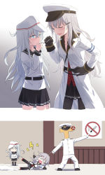 Rule 34 | 1boy, 2girls, ahoge, anger vein, aqua eyes, bad id, bad pixiv id, cigarette, cnm, comic, gangut (kancolle), grabbing another&#039;s hair, hand on own hip, hat, hibiki (kancolle), highres, kantai collection, long hair, military, military uniform, multiple girls, naval uniform, pantyhose, peaked cap, pleated skirt, pointing, poster (object), school uniform, serafuku, silent comic, silver hair, skirt, smoking, t-head admiral, thighhighs, translated, verniy (kancolle)