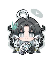 Rule 34 | 1girl, ahoge, animalization, black eyes, black hair, black shirt, bright pupils, buling (wuthering waves), closed mouth, clothing cutout, colored inner hair, commentary, dog-san, earrings, glasses, heart, highres, holding, jewelry, jianxin (wuthering waves), long hair, looking at viewer, multicolored hair, parted bangs, pince-nez, shirt, shoulder cutout, simple background, smile, solo, spoken heart, straight-on, symbol-only commentary, tacet mark (wuthering waves), two-tone shirt, white background, white hair, white pupils, white shirt, wuthering waves, yin yang, yin yang earrings